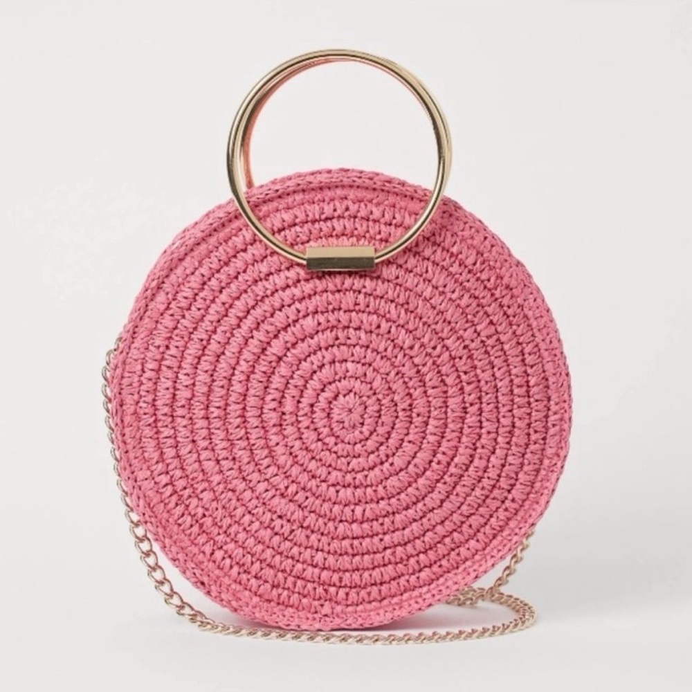 Pink Woven Round Bag with Gold Accents